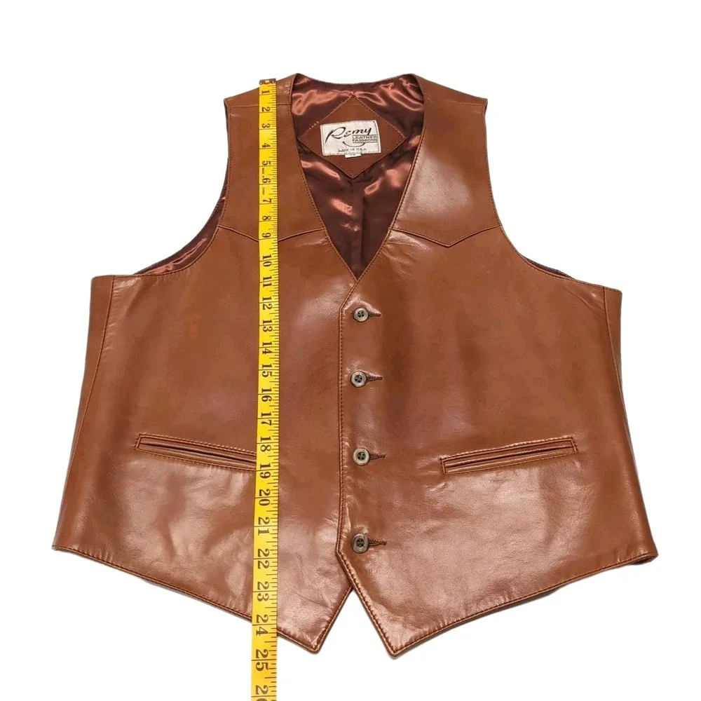 Vtg Remy Leather Fashions Leather Vest Mens 42 Cognac Brown Western‎ USA